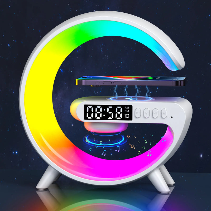 GoobleMini: G-Shaped RGB Atmosphere Lamp with 15W Wireless Charger, Bluetooth Speaker, Alarm Clock & Desk Light for Bedside & Room DÃ©cor