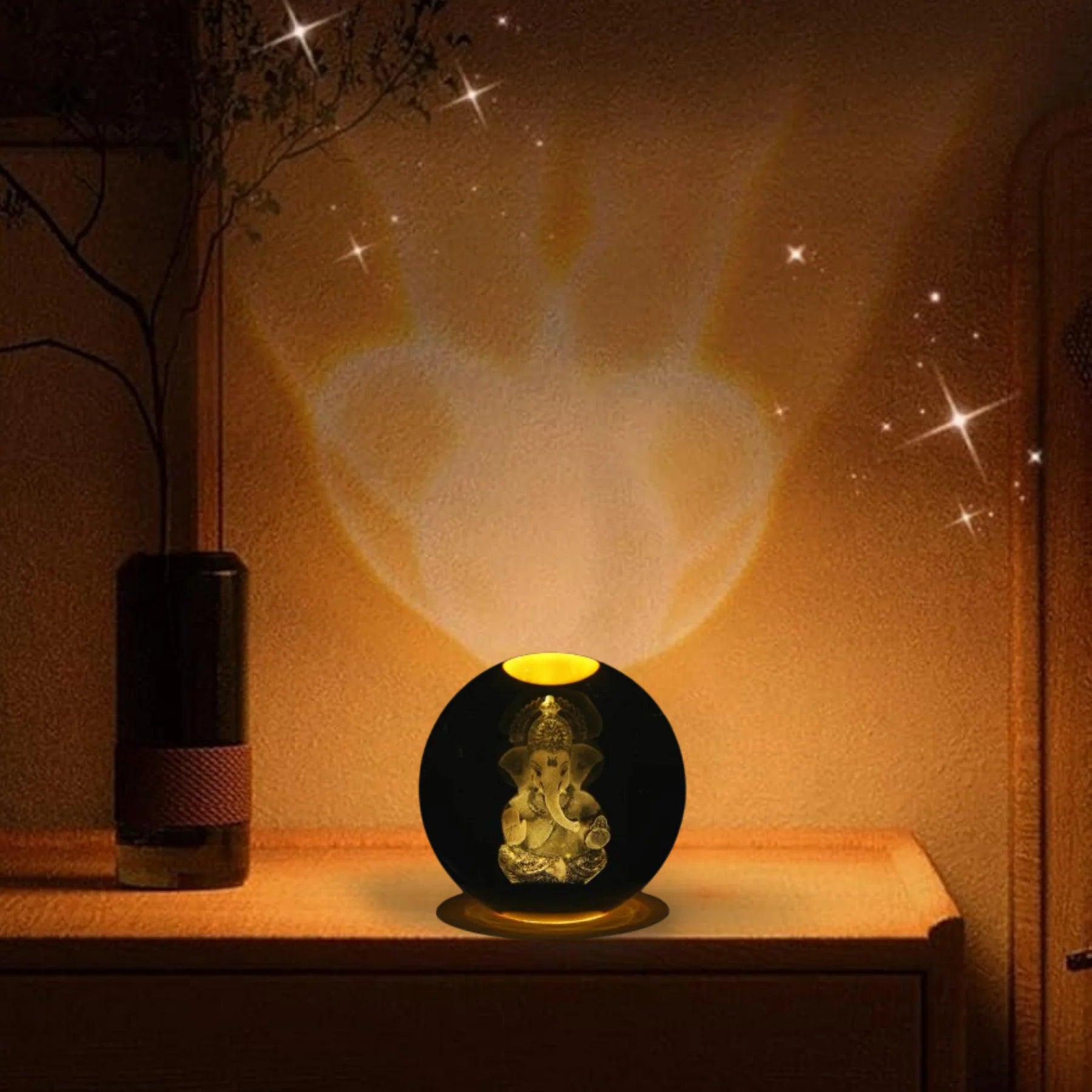 Ganpati: 3D LED Ganpati Ji Crystal Ball Night Lamp with USB-Powered Colorful Glow & Wooden Base for Home, Mandir & Office DÃ©cor
