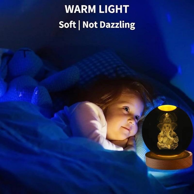 Ganpati: 3D LED Ganpati Ji Crystal Ball Night Lamp with USB-Powered Colorful Glow & Wooden Base for Home, Mandir & Office DÃ©cor