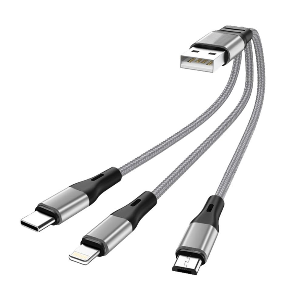 Triplex: 3-in-1 Universal Fast Charging Cable with Lightning, Type-C & Micro-USB â€“ Durable Fabric Multi Charging Cable (21 cm)