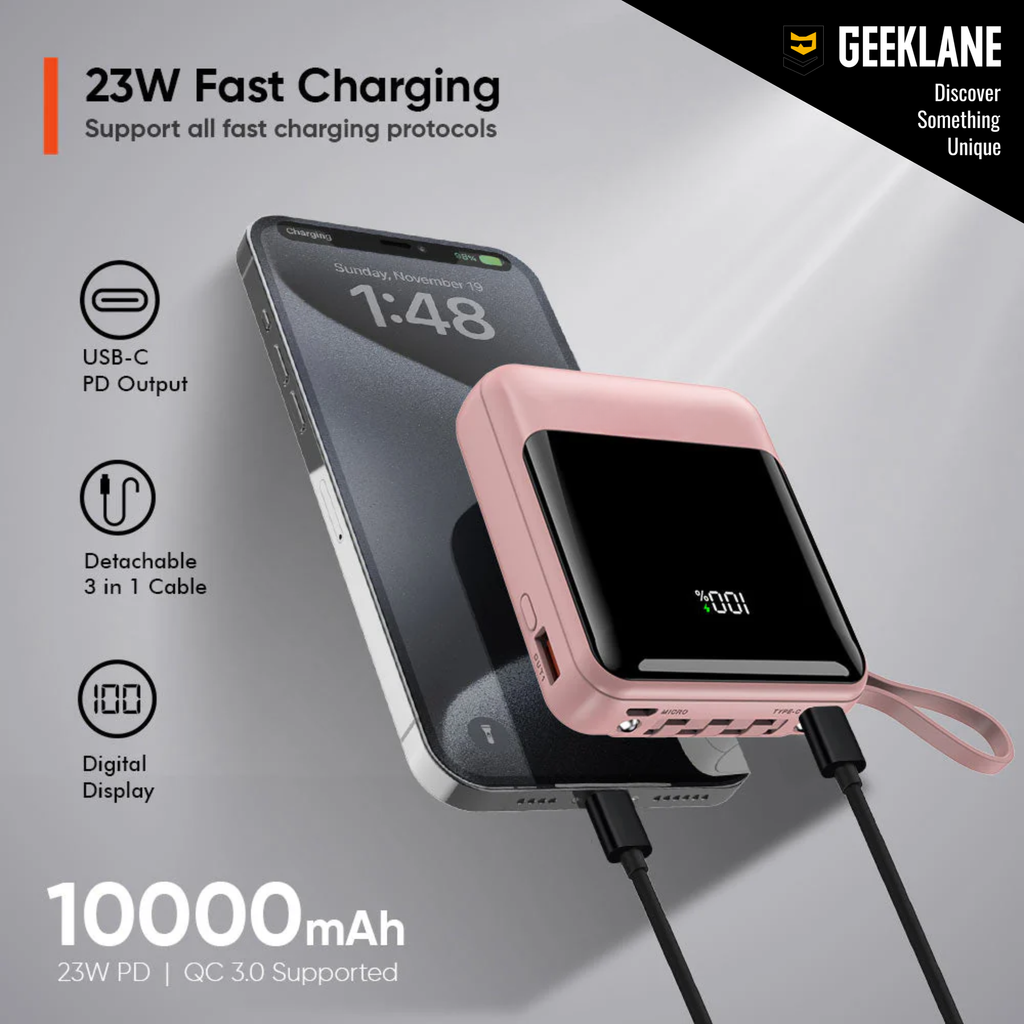 Zivo: 10,000mAh Compact Power Bank with 23W PD Fast Charging, Built-In Charging Cables & Digital Display, Dual Output Portable Battery Pack with Type-C Input/Output