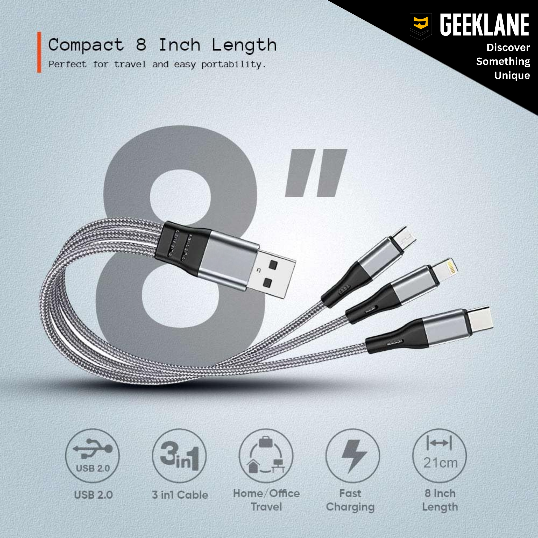 Triplex: 3-in-1 Universal Fast Charging Cable with Lightning, Type-C & Micro-USB â€“ Durable Fabric Multi Charging Cable (21 cm)