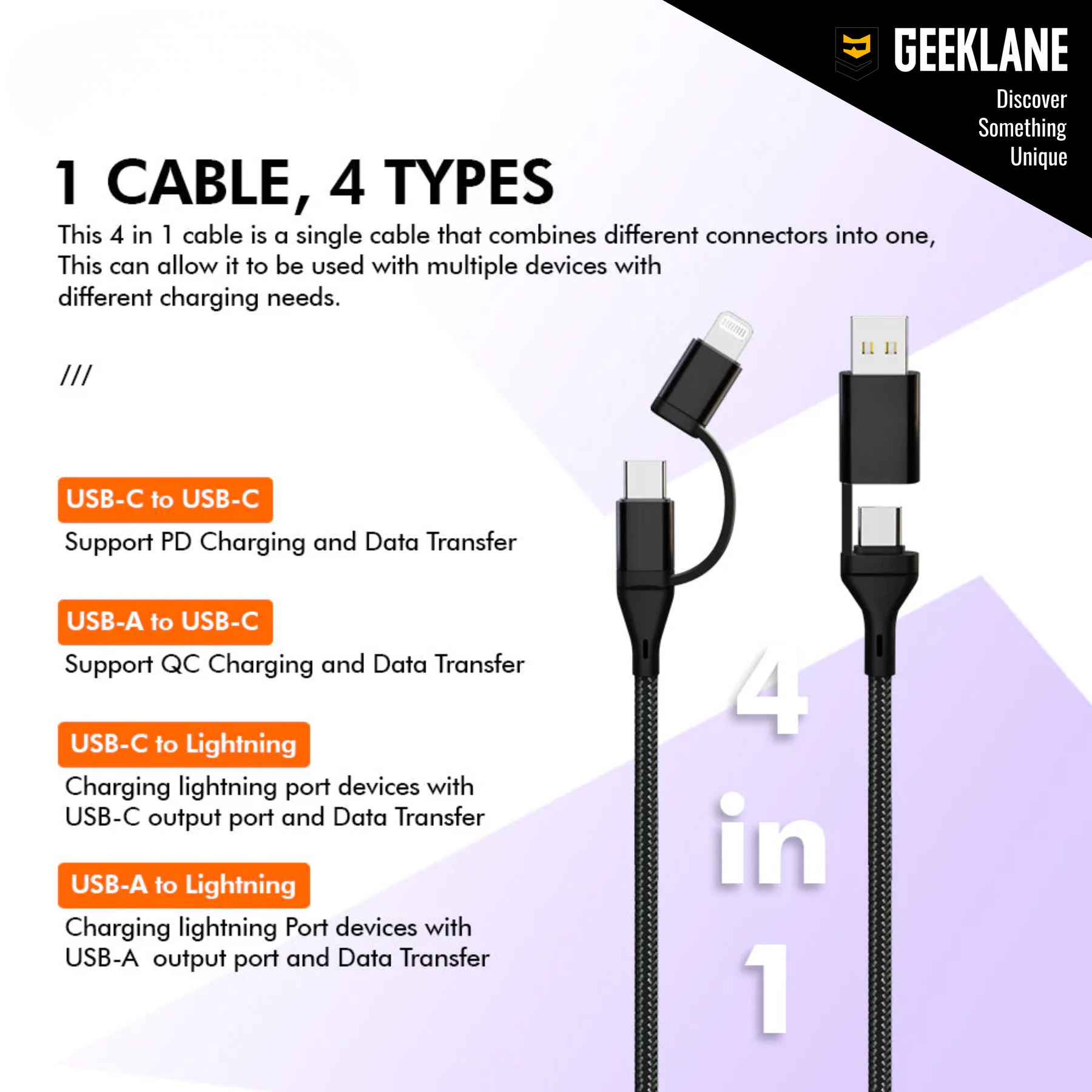Cordix: 4-in-1 USB-C to Lightning Fast Charging & Data Cable, 60W PD Power Delivery, 480Mbps Data Sync Multi-Connector Cable Compatible with Type-C & Apple Devices