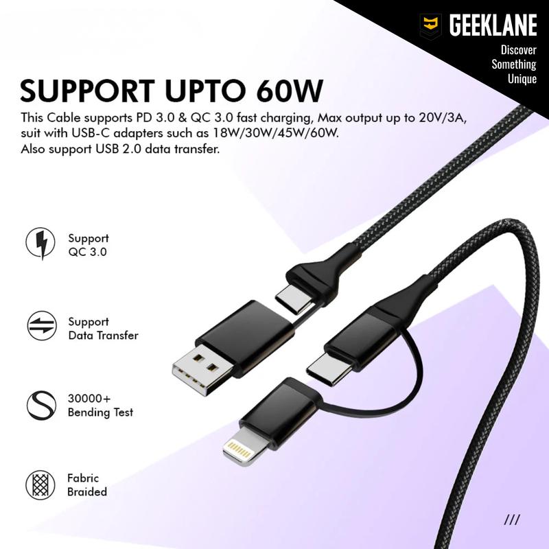 Cordix: 4-in-1 USB-C to Lightning Fast Charging & Data Cable, 60W PD Power Delivery, 480Mbps Data Sync Multi-Connector Cable Compatible with Type-C & Apple Devices