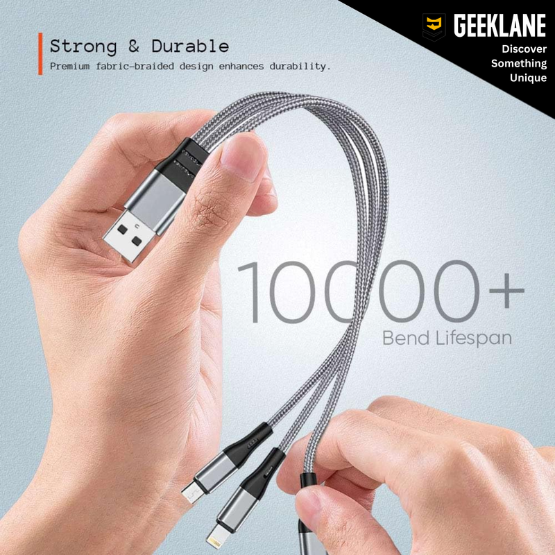 Triplex: 3-in-1 Universal Fast Charging Cable with Lightning, Type-C & Micro-USB â€“ Durable Fabric Multi Charging Cable (21 cm)