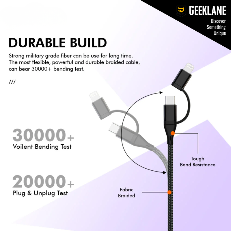 Cordix: 4-in-1 USB-C to Lightning Fast Charging & Data Cable, 60W PD Power Delivery, 480Mbps Data Sync Multi-Connector Cable Compatible with Type-C & Apple Devices