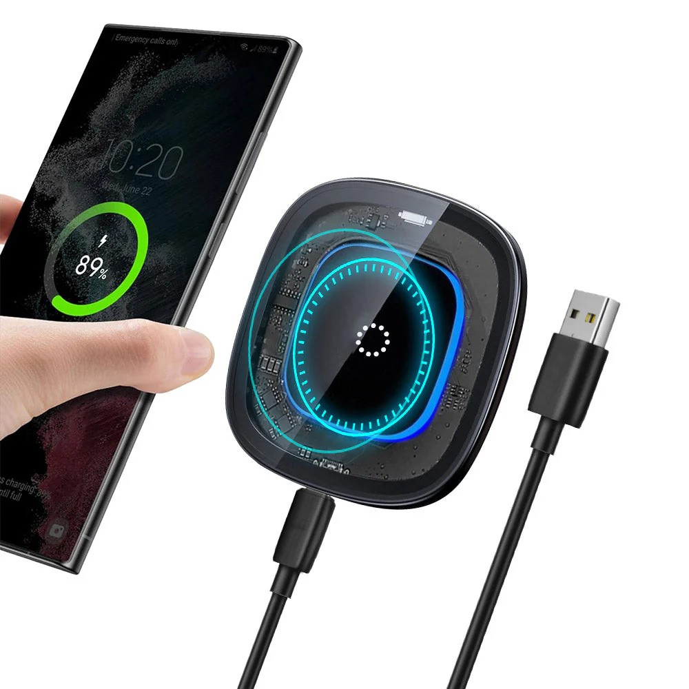 Voltique: 15W Transparent Wireless Charging Pad with LED Aura Ring â€“ Fast Charging with Type-C Cable & Compatibility for iPhone 15â€“11 & All QI-Enabled Devices