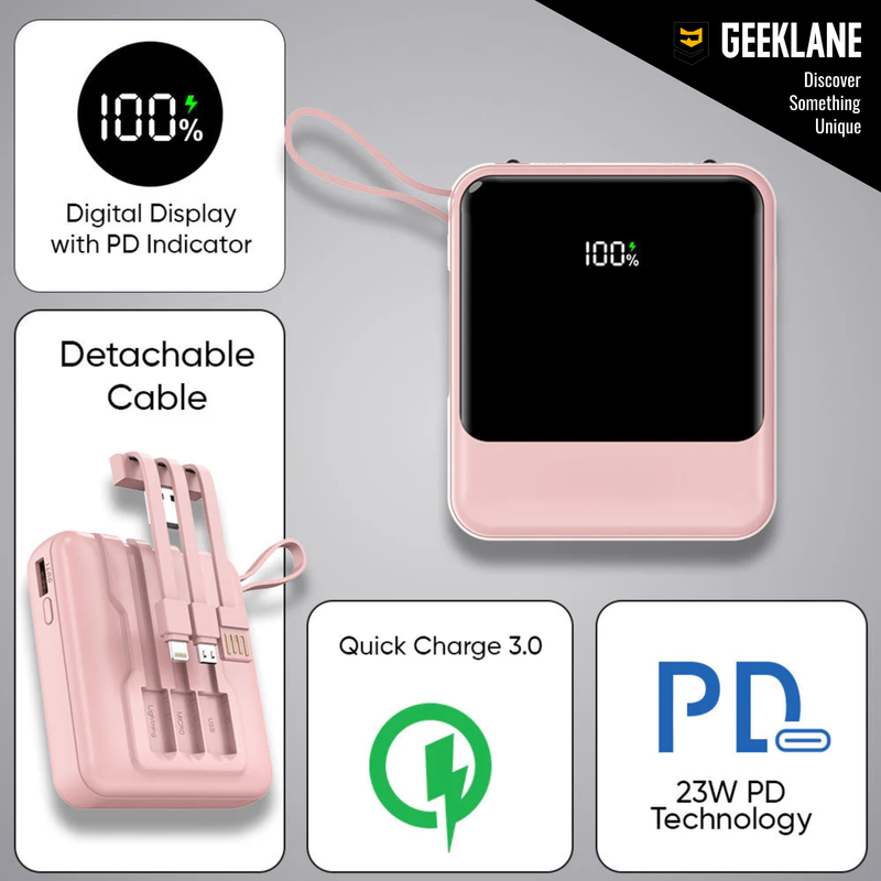 Zivo: 10,000mAh Compact Power Bank with 23W PD Fast Charging, Built-In Charging Cables & Digital Display, Dual Output Portable Battery Pack with Type-C Input/Output