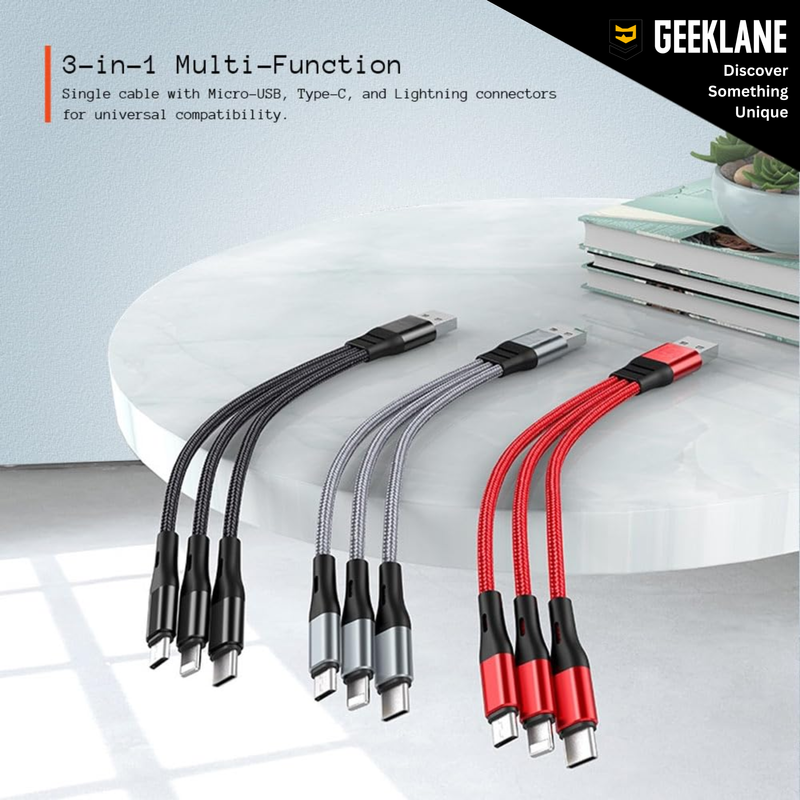 Triplex: 3-in-1 Universal Fast Charging Cable with Lightning, Type-C & Micro-USB â€“ Durable Fabric Multi Charging Cable (21 cm)