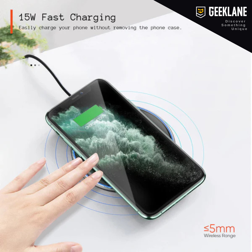 Voltique: 15W Transparent Wireless Charging Pad with LED Aura Ring â€“ Fast Charging with Type-C Cable & Compatibility for iPhone 15â€“11 & All QI-Enabled Devices