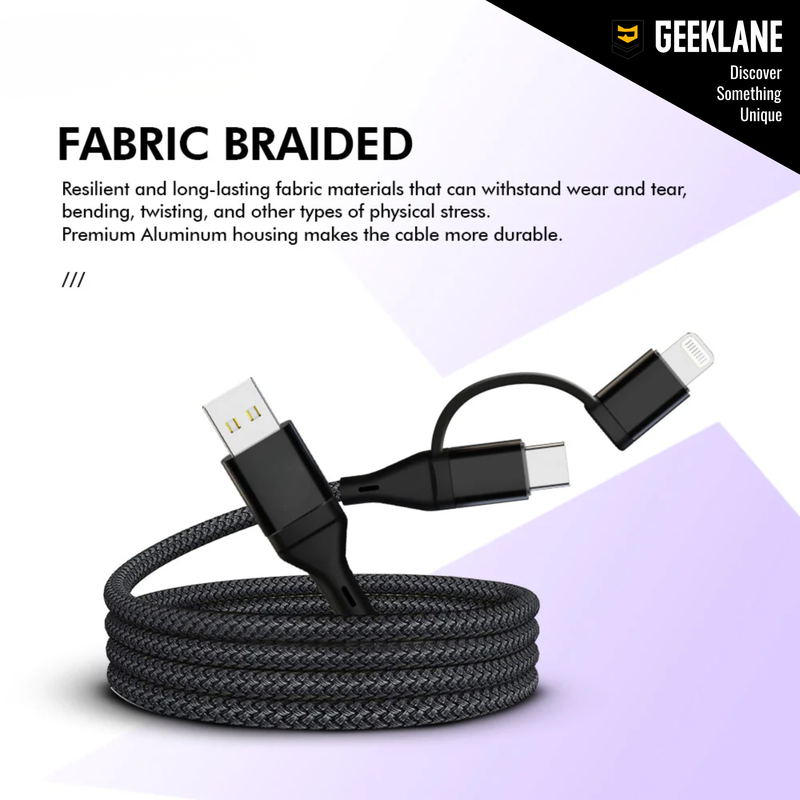 Cordix: 4-in-1 USB-C to Lightning Fast Charging & Data Cable, 60W PD Power Delivery, 480Mbps Data Sync Multi-Connector Cable Compatible with Type-C & Apple Devices