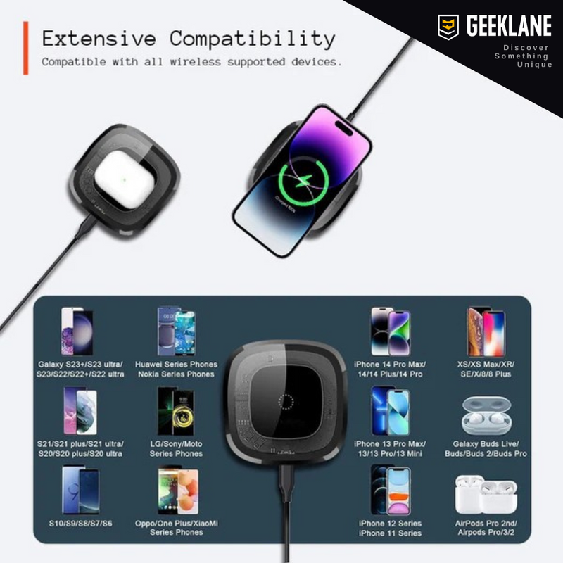 Voltique: 15W Transparent Wireless Charging Pad with LED Aura Ring â€“ Fast Charging with Type-C Cable & Compatibility for iPhone 15â€“11 & All QI-Enabled Devices