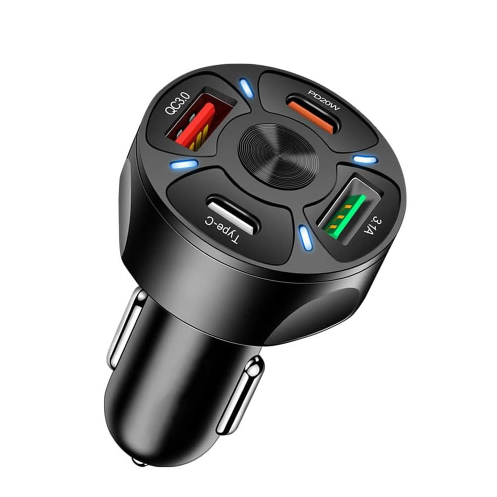 Portsy: 35W Car Charger with Dual USB-C & Dual USB-A Ports, PD 20W & QC 3.0 Fast Charging Adapter for 4 Devices, 12V/24V Compatible for Car