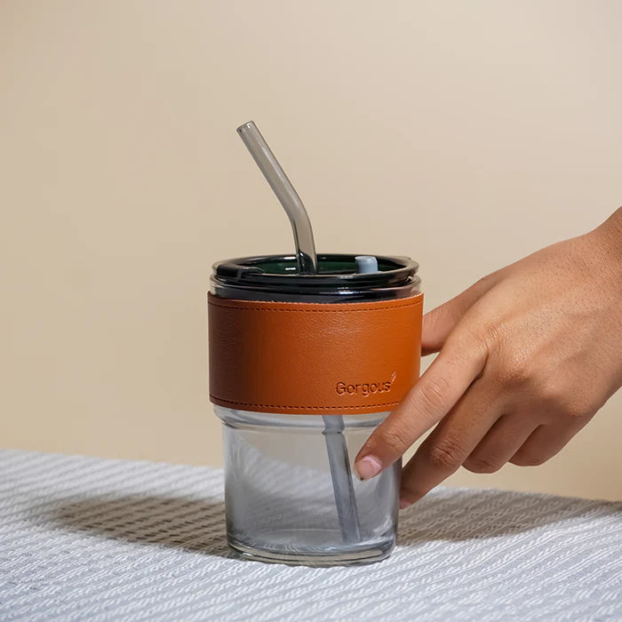 SipMate: Glass Tumbler with Lid, Straw & Leather Sleeve â€“ Perfect for Coffee, Tea, Juice & Everyday Hydration