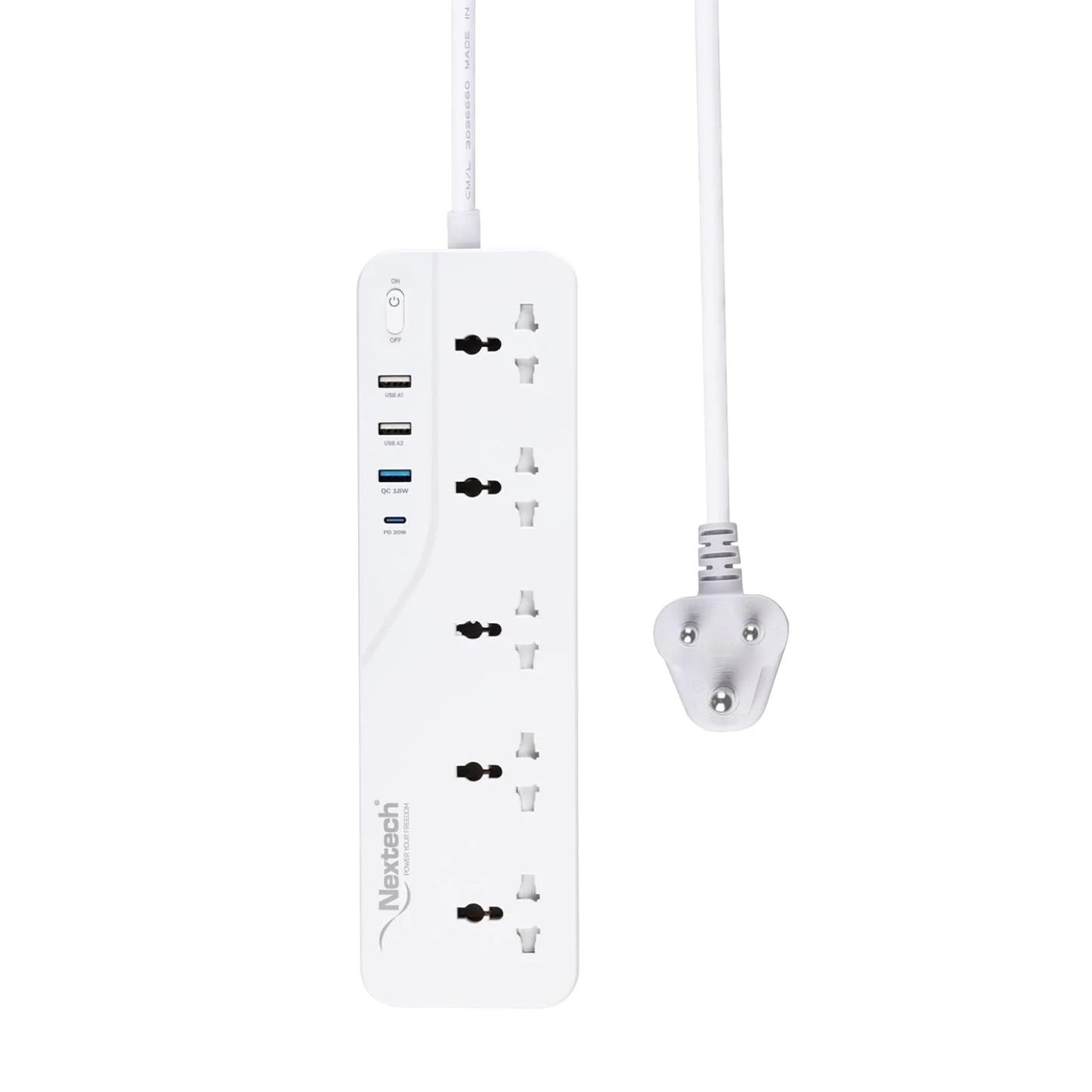Nextech Power Plate 9 in 1Extension Board with 5 Universal Sockets, 20W Type-C PD, 3 USB Charging Ports, 3 Meter Long Cord, 2500 Watts, 2.1 Amp USB Output, Multi Plug for Home Appliances (White)