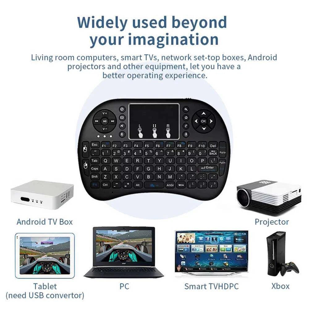 Black wireless keyboard with touchpad on a white background