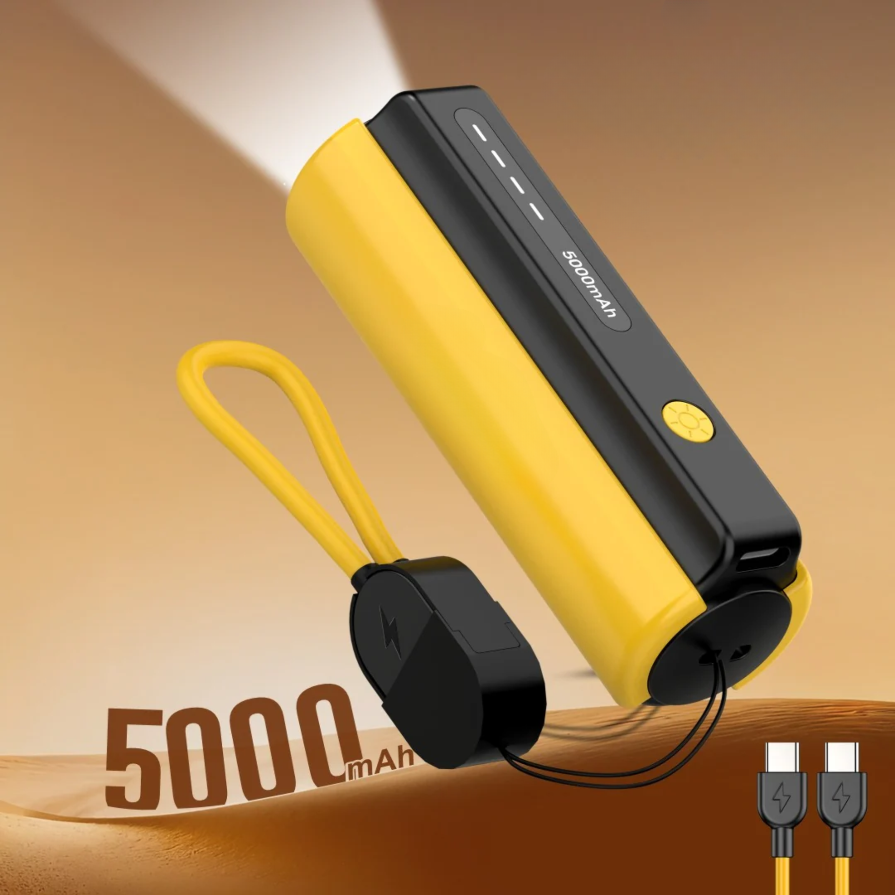 Pico: 5000mAh Mini Pocket Power Bank with Built-In Lanyard Type-C Cable, Torch & Fast Charging