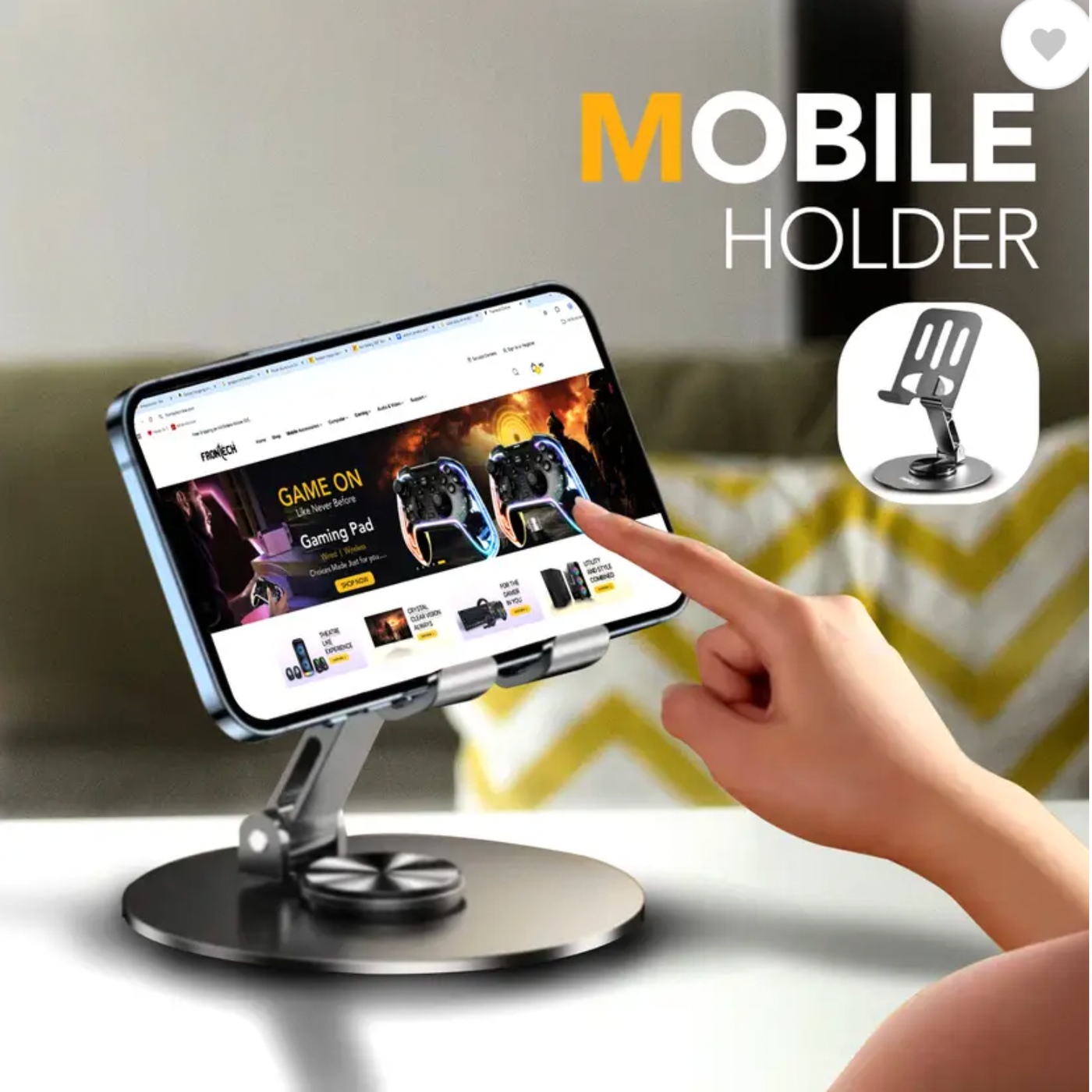Rotaty: Adjustable Universal Mobile & Tablet Stand, 360Â° Rotating, Foldable Phone Holder with Stable Metal Base, Anti-Slip Pad & Height Adjustment for Desk & Tabletop Use