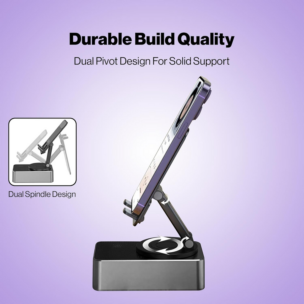 Luvo: 3-in-1 Foldable Phone Stand with Bluetooth Speaker & 360Â° Rotation, Portable Desk Holder with Wireless Audio, Hands-Free Viewing & Compact Travel-Friendly Designea