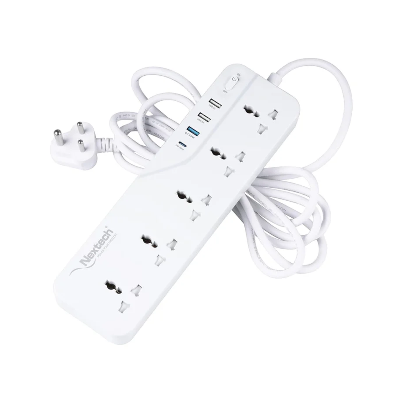 Nextech Power Plate 9 in 1Extension Board with 5 Universal Sockets, 20W Type-C PD, 3 USB Charging Ports, 3 Meter Long Cord, 2500 Watts, 2.1 Amp USB Output, Multi Plug for Home Appliances (White)
