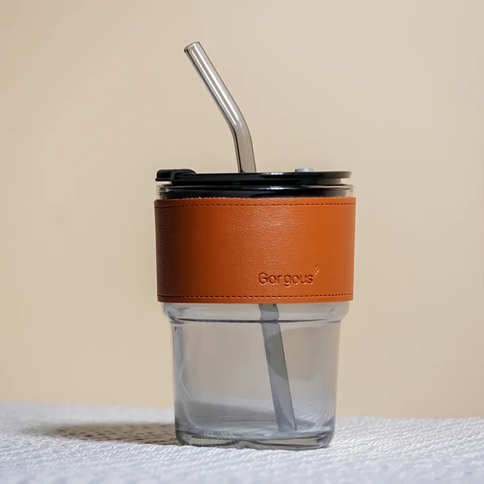 SipMate: Glass Tumbler with Lid, Straw & Leather Sleeve â€“ Perfect for Coffee, Tea, Juice & Everyday Hydration