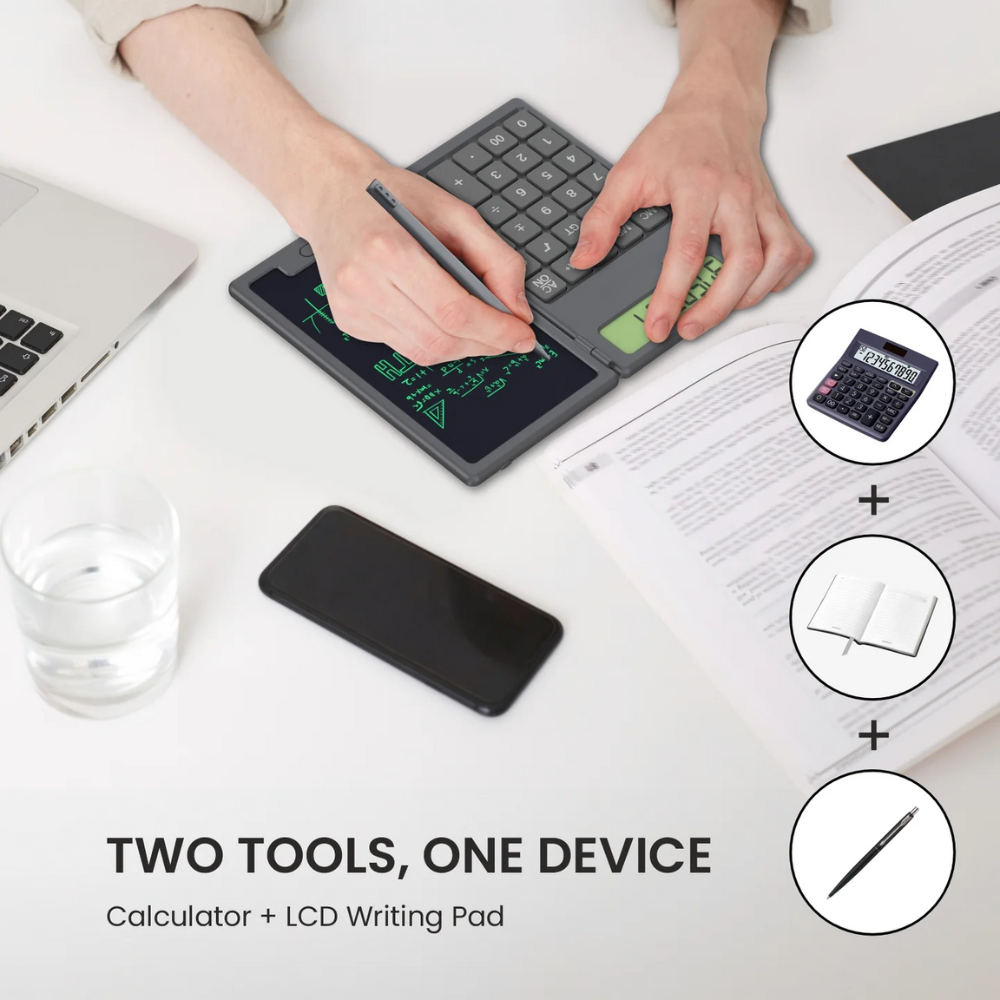 DigiFold:  2-in-1 Foldable Calculator & LCD Writing Pad â€“ 12-Digit Pocket Calculator with 6.5-Inch Screen & Stylus for Office, School & On-the-Go Use