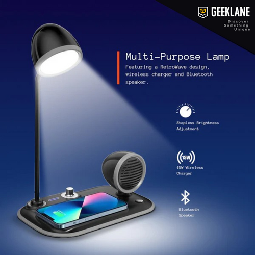 A black 3-in-1 desk lamp with integrated 15W wireless charging pad and 10W Bluetooth speaker, with adjustable brightness knob.