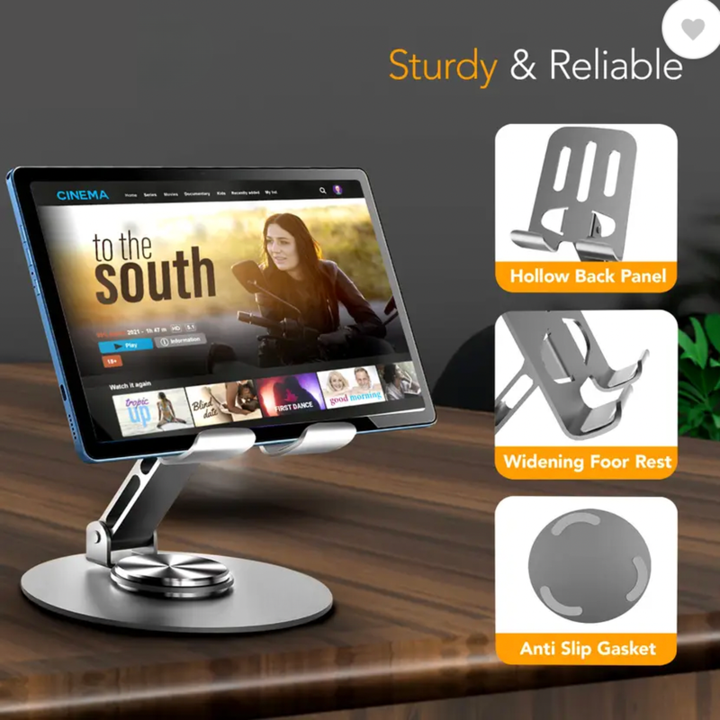 Rotaty: Adjustable Universal Mobile & Tablet Stand, 360Â° Rotating, Foldable Phone Holder with Stable Metal Base, Anti-Slip Pad & Height Adjustment for Desk & Tabletop Use