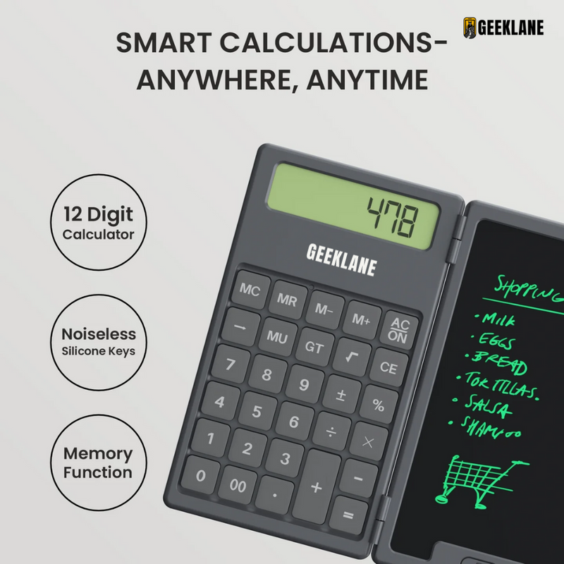 DigiFold:  2-in-1 Foldable Calculator & LCD Writing Pad â€“ 12-Digit Pocket Calculator with 6.5-Inch Screen & Stylus for Office, School & On-the-Go Use