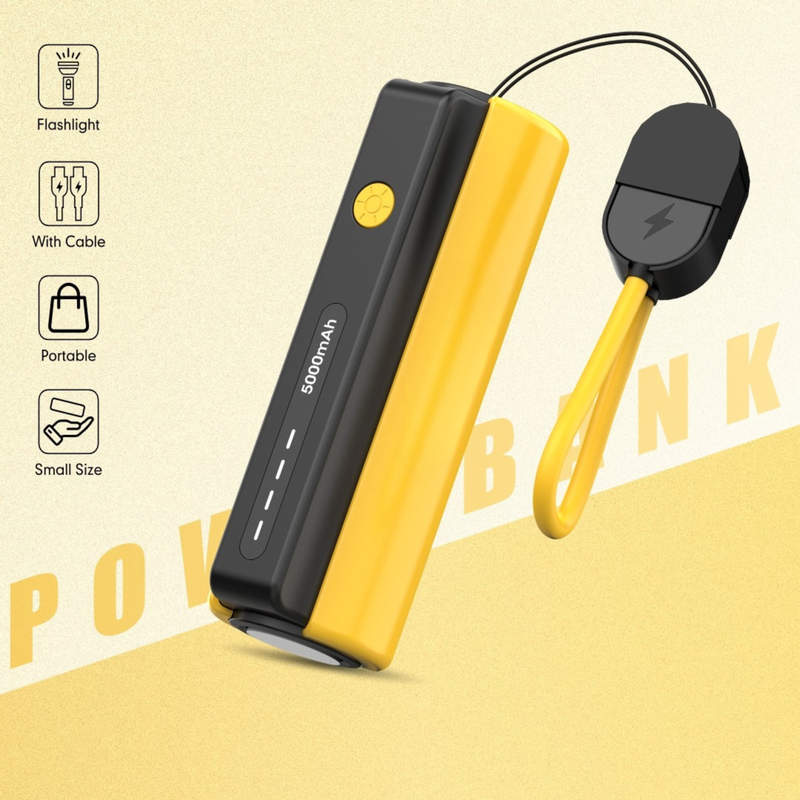 Pico: 5000mAh Mini Pocket Power Bank with Built-In Lanyard Type-C Cable, Torch & Fast Charging