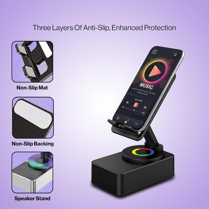 Luvo: 3-in-1 Foldable Phone Stand with Bluetooth Speaker & 360Â° Rotation, Portable Desk Holder with Wireless Audio, Hands-Free Viewing & Compact Travel-Friendly Designea
