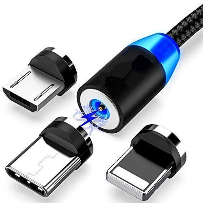 Travo: 3-in-1 Magnetic Fast Charging Cable with Status Light, 360Â° Swivel Head, Type-C, Micro USB & lightning Connectors