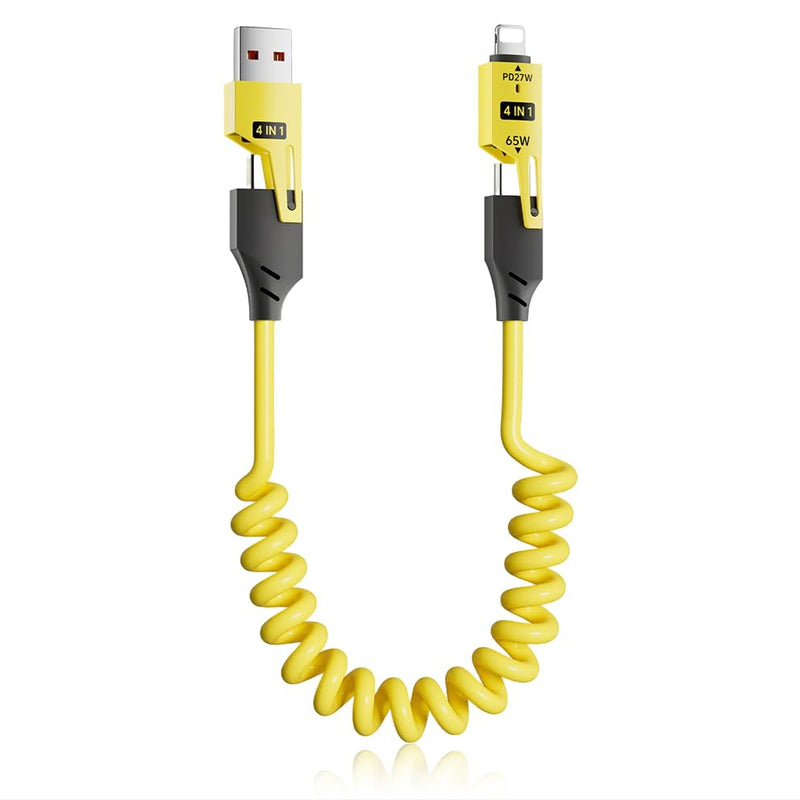 Coolio: 4-in-1 Coiled Charging Cable with USB-A, Type-C & Lightning Connectors â€“ Space Saving Design for Travel, Car & Desk Setups