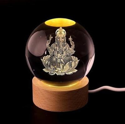 Ganpati: 3D LED Ganpati Ji Crystal Ball Night Lamp with USB-Powered Colorful Glow & Wooden Base for Home, Mandir & Office DÃ©cor