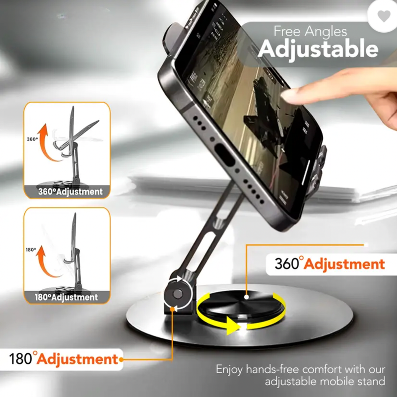 Rotaty: Adjustable Universal Mobile & Tablet Stand, 360Â° Rotating, Foldable Phone Holder with Stable Metal Base, Anti-Slip Pad & Height Adjustment for Desk & Tabletop Use