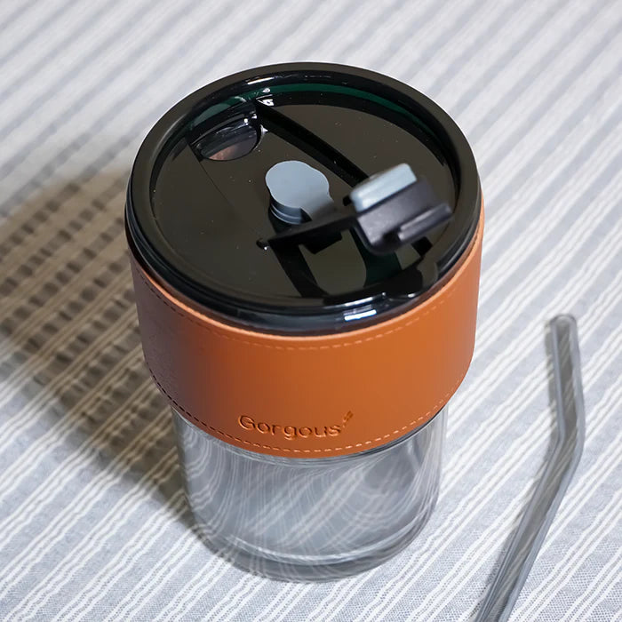 SipMate: Glass Tumbler with Lid, Straw & Leather Sleeve â€“ Perfect for Coffee, Tea, Juice & Everyday Hydration