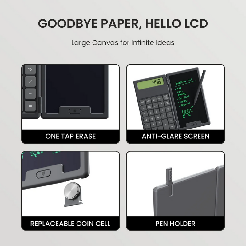 DigiFold:  2-in-1 Foldable Calculator & LCD Writing Pad â€“ 12-Digit Pocket Calculator with 6.5-Inch Screen & Stylus for Office, School & On-the-Go Use