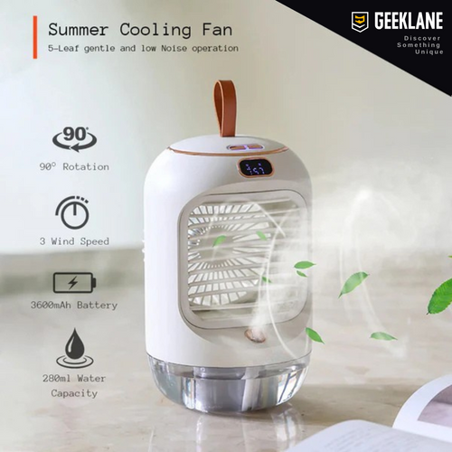 CoolMate: Premium Quality Portable Cooling Fan & Humidifier, 3 Speeds, 280ml Mist, Night Light, 90Â° Rotation, USB Rechargeable (3600mAh) for Personal Cooling.