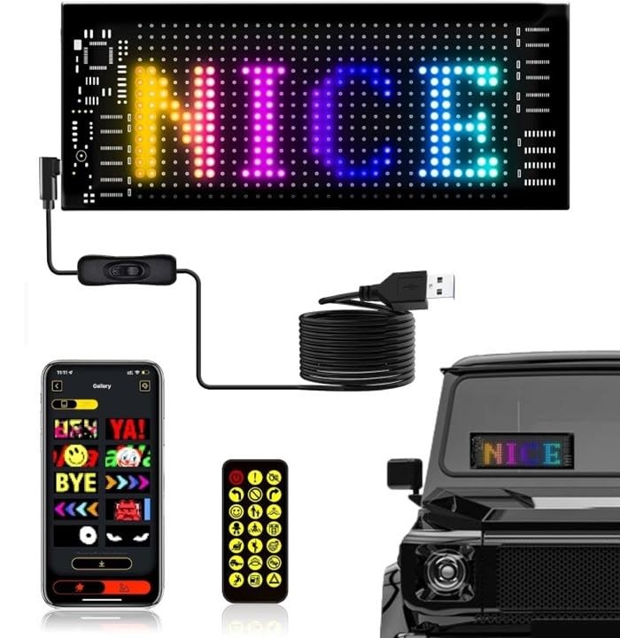 Pixy: RGB LED Matrix Display Panel with App & Remote Control, Flexible Pixel Sign Board for Cars, Rooms, Offices & Custom Scrolling Messages (7" Ã— 3")
