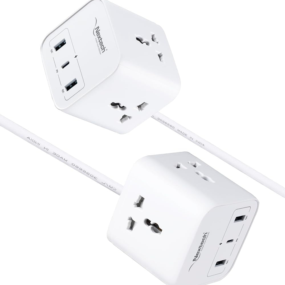 Nextech 20W Cube 20 High Speed Smart Desktop Charger with 2M Copper Cable, Type C PD Port, 2 USB Mach Port, 3 AC Power Socket, Compatible with Laptop,Smartphones,iPhones,Tablet,Power Bank(White)