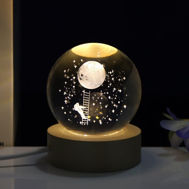 Climb: 3D LED Crystal Ball Night Lamp â€“ Engraved Holographic Light with USB & Wooden Base for Home DÃ©cor, Office & Bedroom