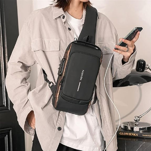 Shield: Anti-Theft Crossbody Messenger Sling Bag Waterproof Gadget Chest Bag with TSA Lock & USB Charging Port for Power Bank Attachment