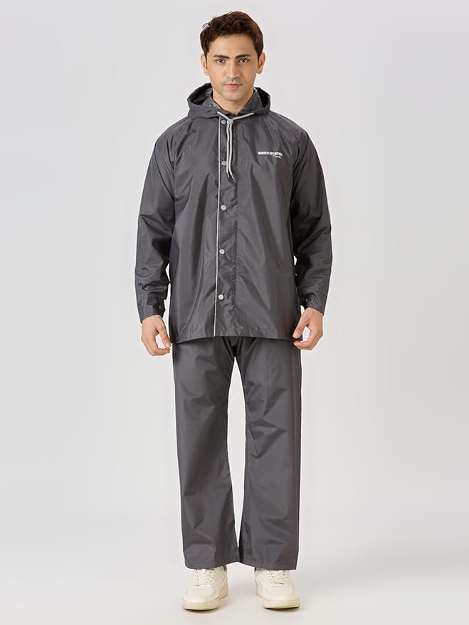 Water Fighter Rain Coat Adjustable Hood, Polyester Waterproof Full Sleeves, Top and Bottom Set Rainwear, Front Zip with Flap, Lightweight Raincoat (EWF79, Asphalt, 3XL)