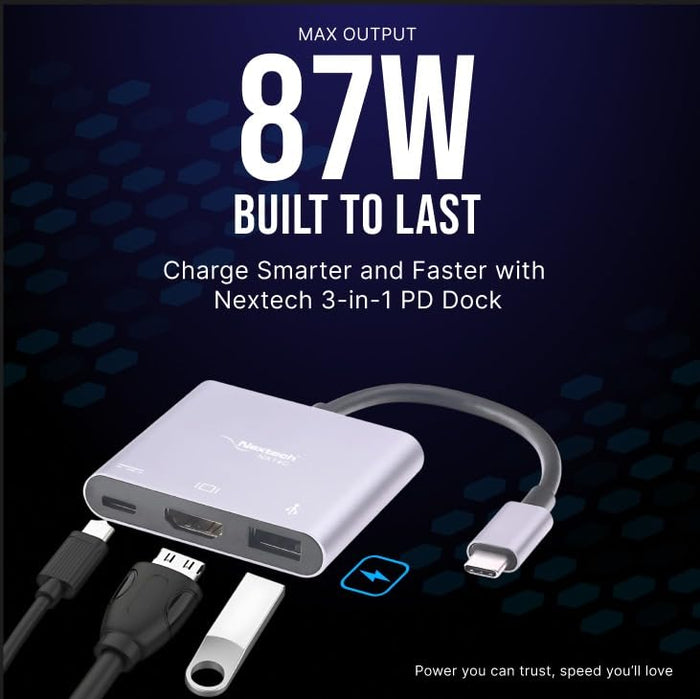 Nextech USB-C to 3-in-1 Multiport Dock â€“ HDMI 4K, USB 3.0, 87W PD Charging Port, USB-C Hub for Laptop, MacBook, Smartphones, and Tablets