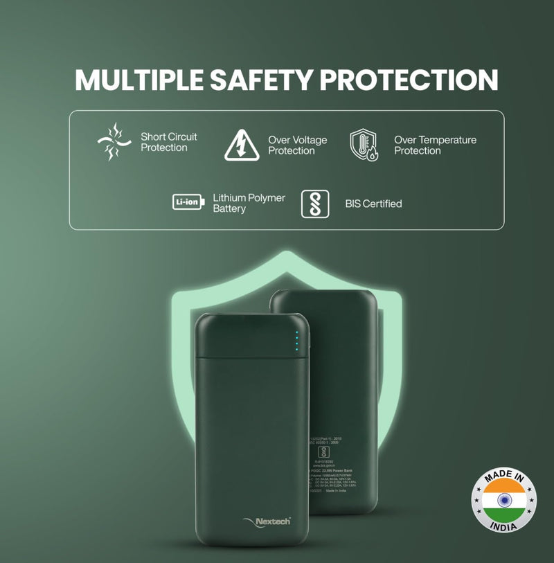 Nextech Slender PDQC 22.5W | 10000mAh | Made in India | Fast Charging | Ultra Slim Power Bank | Type-C PD & QC 3.0 USB Output | Compatible with Smartphones, iPhone, Android | Green