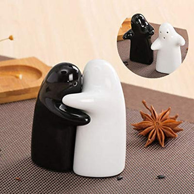 Spooki: Ceramic Salt & Pepper Shaker Set with Cute Hug Design, Easy Refill & Dispense, Black & White Couple Seasoning Jars for Dining, Kitchen & Gift DÃ©cor