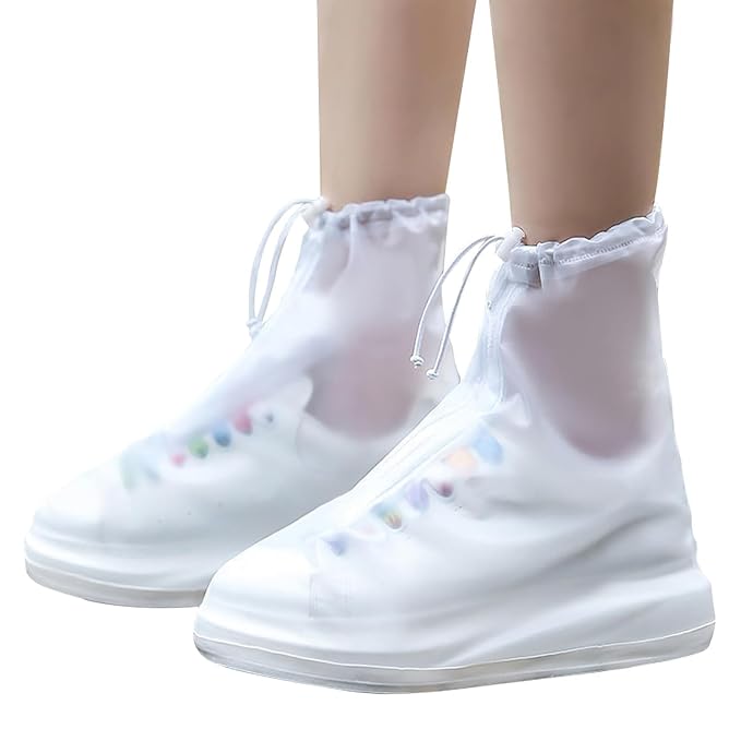 Rain Boots Shoe Covers Waterproof for Men Women Shoe Protectors with Zipper Not-Slip Reusable Overshoes Galoshes for Hiking Climbing Camping Cycling Rainy Day (White, L)