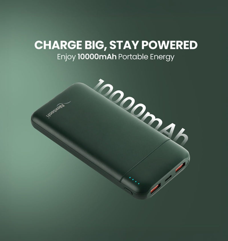 Nextech Slender PDQC 22.5W | 10000mAh | Made in India | Fast Charging | Ultra Slim Power Bank | Type-C PD & QC 3.0 USB Output | Compatible with Smartphones, iPhone, Android | Green