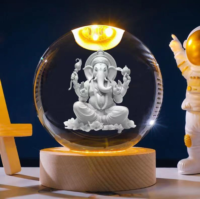 Ganpati: 3D LED Ganpati Ji Crystal Ball Night Lamp with USB-Powered Colorful Glow & Wooden Base for Home, Mandir & Office DÃ©cor