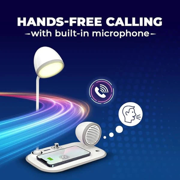 A black 3-in-1 desk lamp with integrated 15W wireless charging pad and 10W Bluetooth speaker, with adjustable brightness knob.